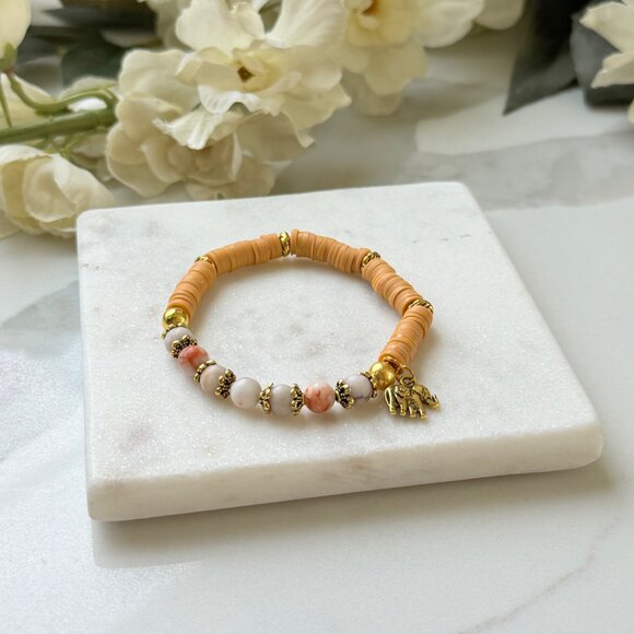 Red vein jasper, clay beads stretch boho bracelet, rubber discs beads jewelry, - Picture 3 of 8